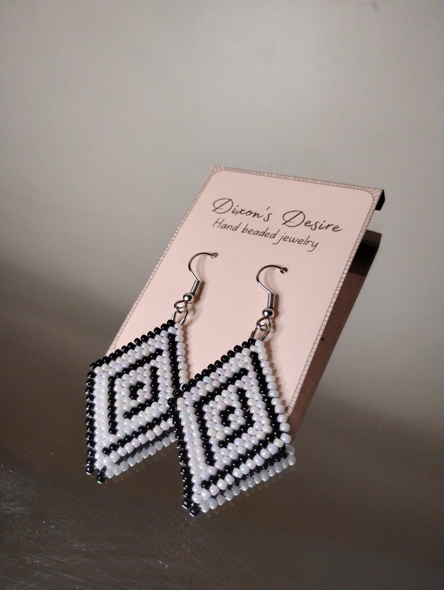 Black and White Diamond Shaped Hand Beaded Earrings